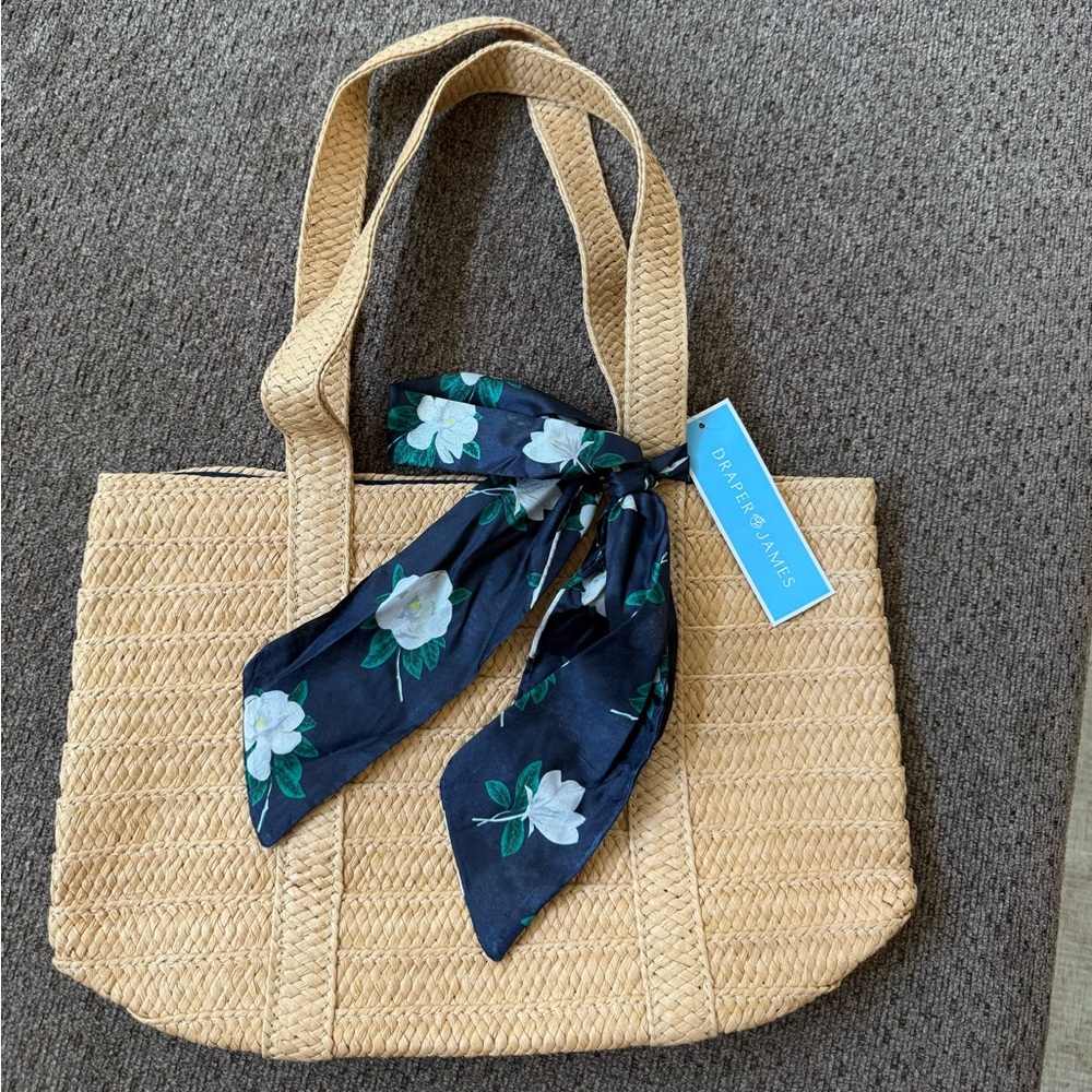Draper James Straw Tote with Navy Floral Scarf Accent